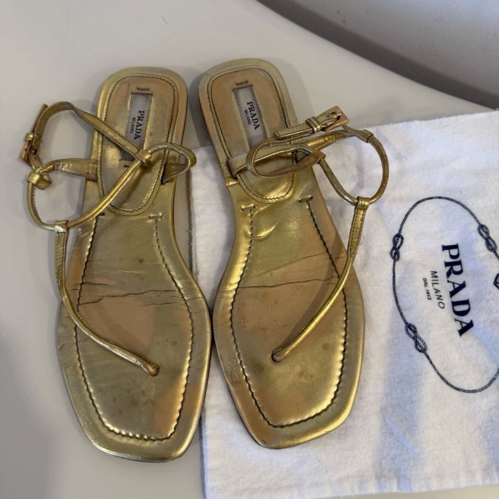 Authentic Prada gold metallic thong-strap flat sandals size 35.5